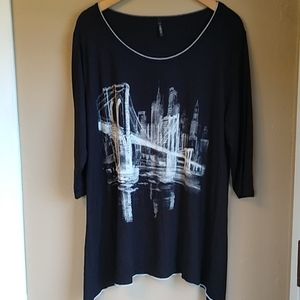 Eolista Brooklyn Bridge Skyline Print Lagenlook A Line Mid Sleeve Top 1X